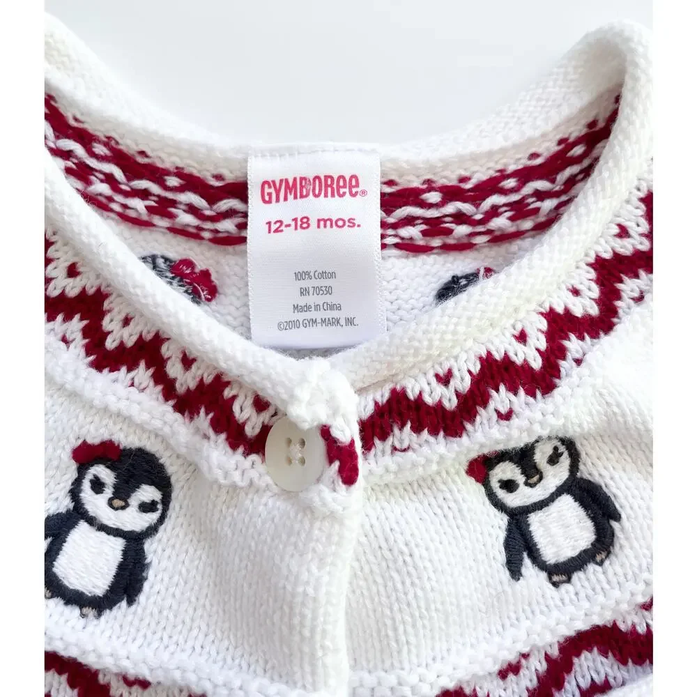 Gymboree Toddler Girl's White and Red Holiday Penguin Cardigan Size 12-18 Months